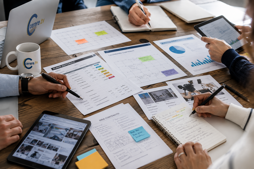 Postazione di lavoro editoriale con notebook e appunti