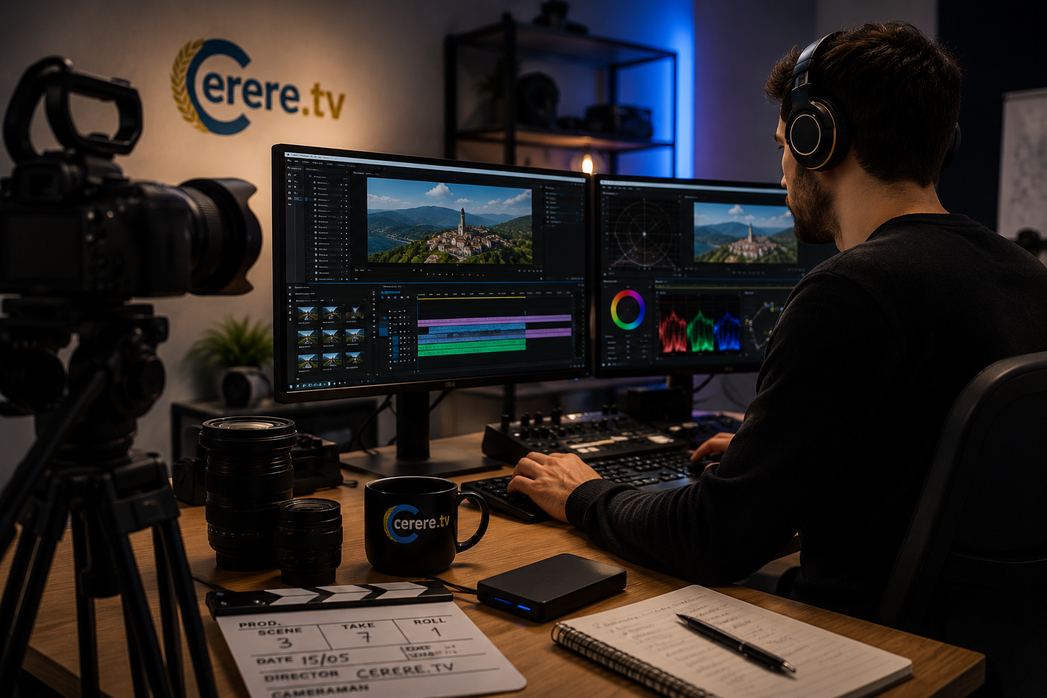 Videomaker al lavoro con videocamera su treppiede